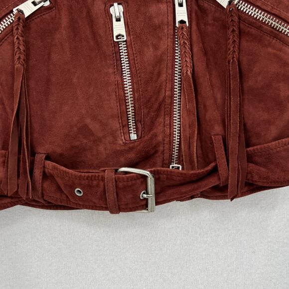 ALLSAINTS Plait Balfern Suede Biker Jacket Womens 6 Burgundy Maroon Moto Zip - Picture 11 of 16